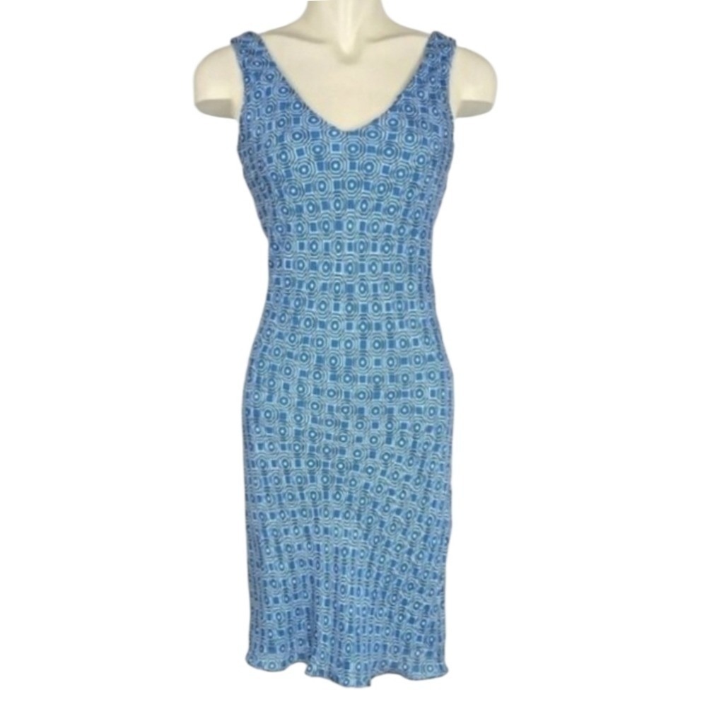 Jones New York Signature Women's Silk Blue White V-Neck Sleeveless Midi Dress 4